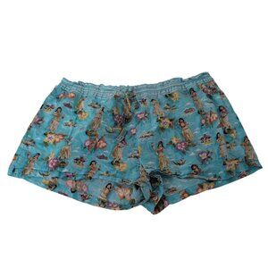 Nick & Nora Hula Girl Pajama Shorts Womens Size Large Blue Hawaiian Drawstring